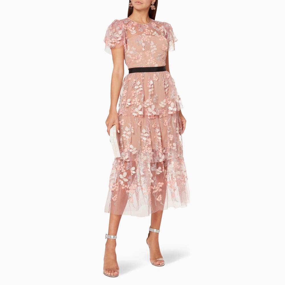 Self Portrait FLORAL-EMBROIDERED TIERED SATIN AND TULLE DRESS IN PINK